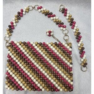Purse Brown Pink Wooden Beads 1960’s Marcus Brothers Of Miami Made In Japan 9x6